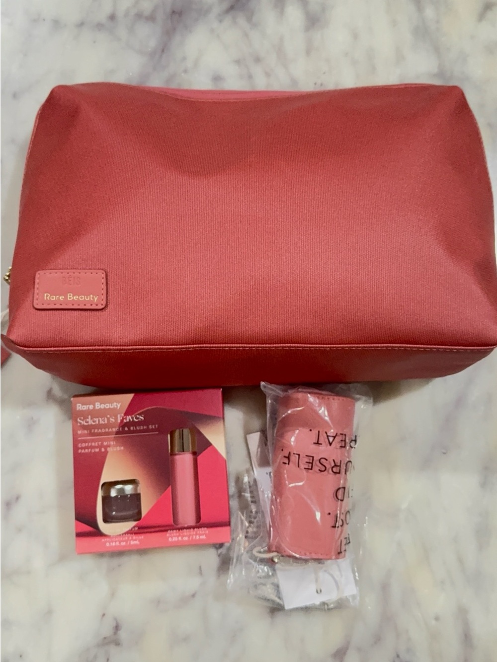 Rare Beauty Coral-Pink Cosmetic Pouch with Blush Case and Gift Set